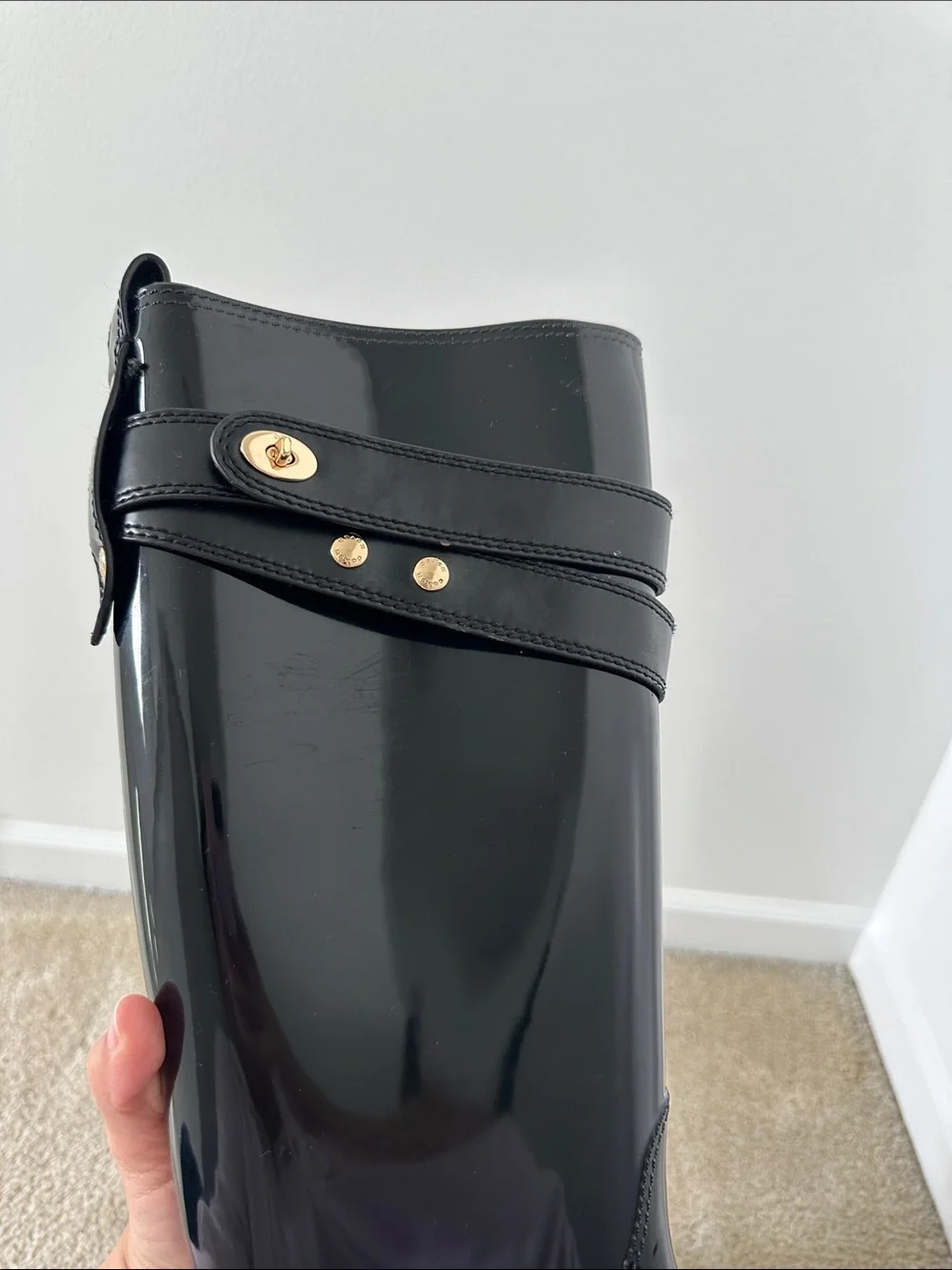 Coach Patent Black Knee-High Rain Boots with Gold Accent